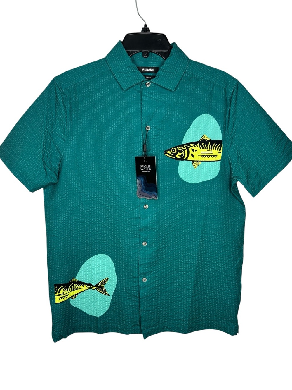 New Murano Shape of Water Slim Fit Fish Print Seersucker Button up Shirt Medium